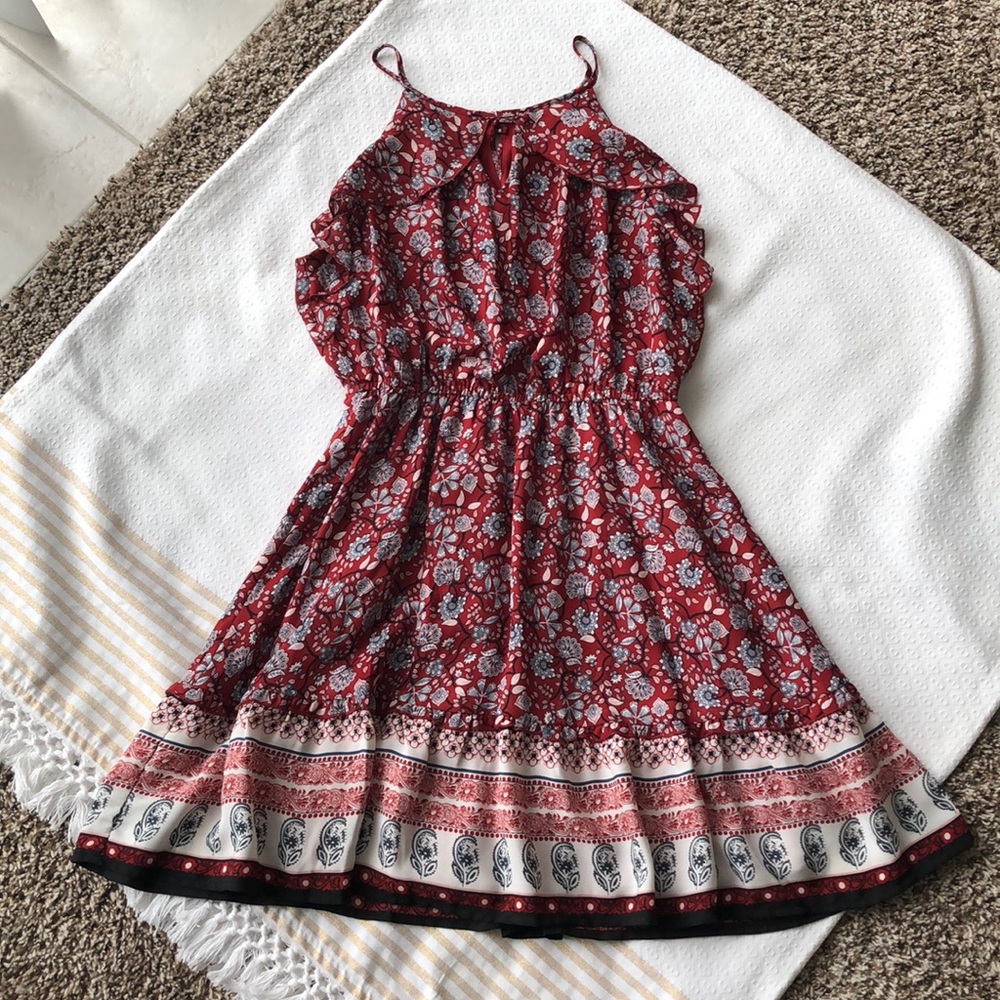 Blue Rain Red and Black Ruffle Dress